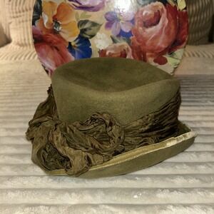 Louise Green Vintage Olive Green Hat with Ribbon Trim Bridgerton Romantic Vibe